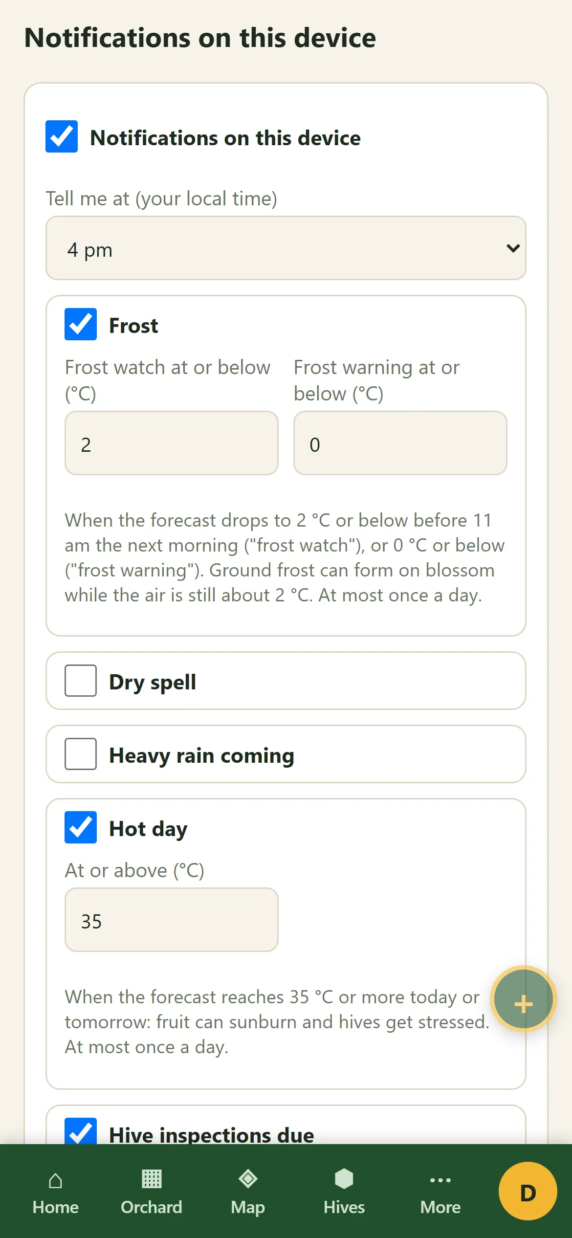 Notification settings on a phone: frost watch at 2 °C and frost warning at 0 °C, hot day at 35 °C, and hive inspections due switched on