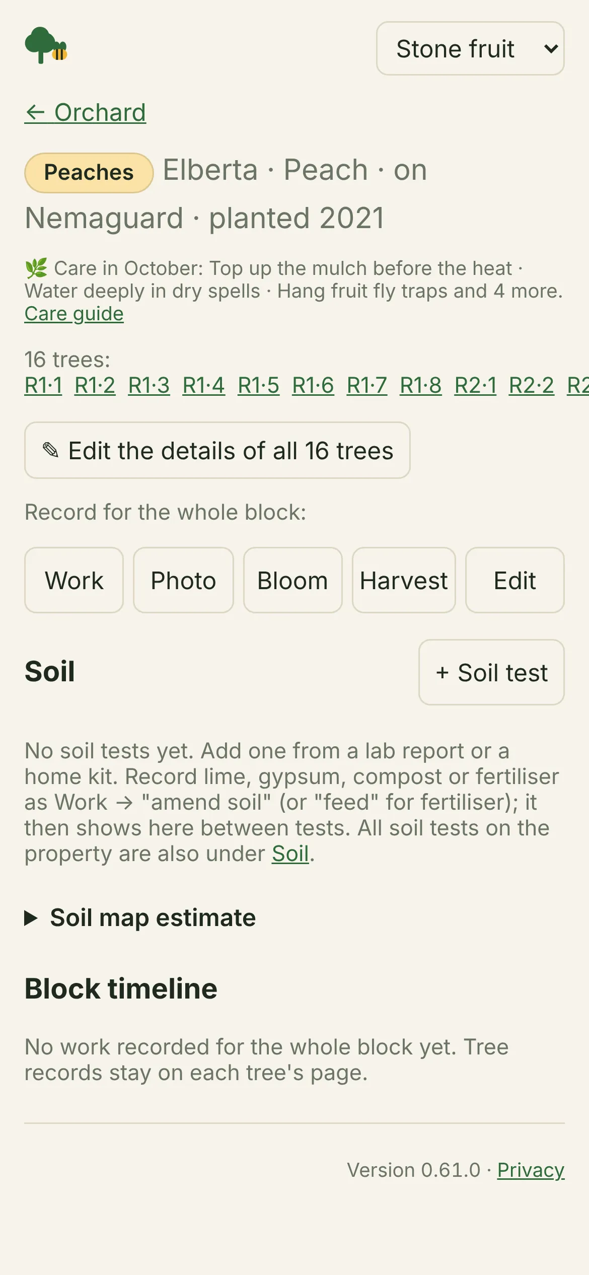 A peach block on a phone: care in October is to top up the mulch before the heat, water deeply in dry spells, hang fruit fly traps and 4 more, with a link to the care guide