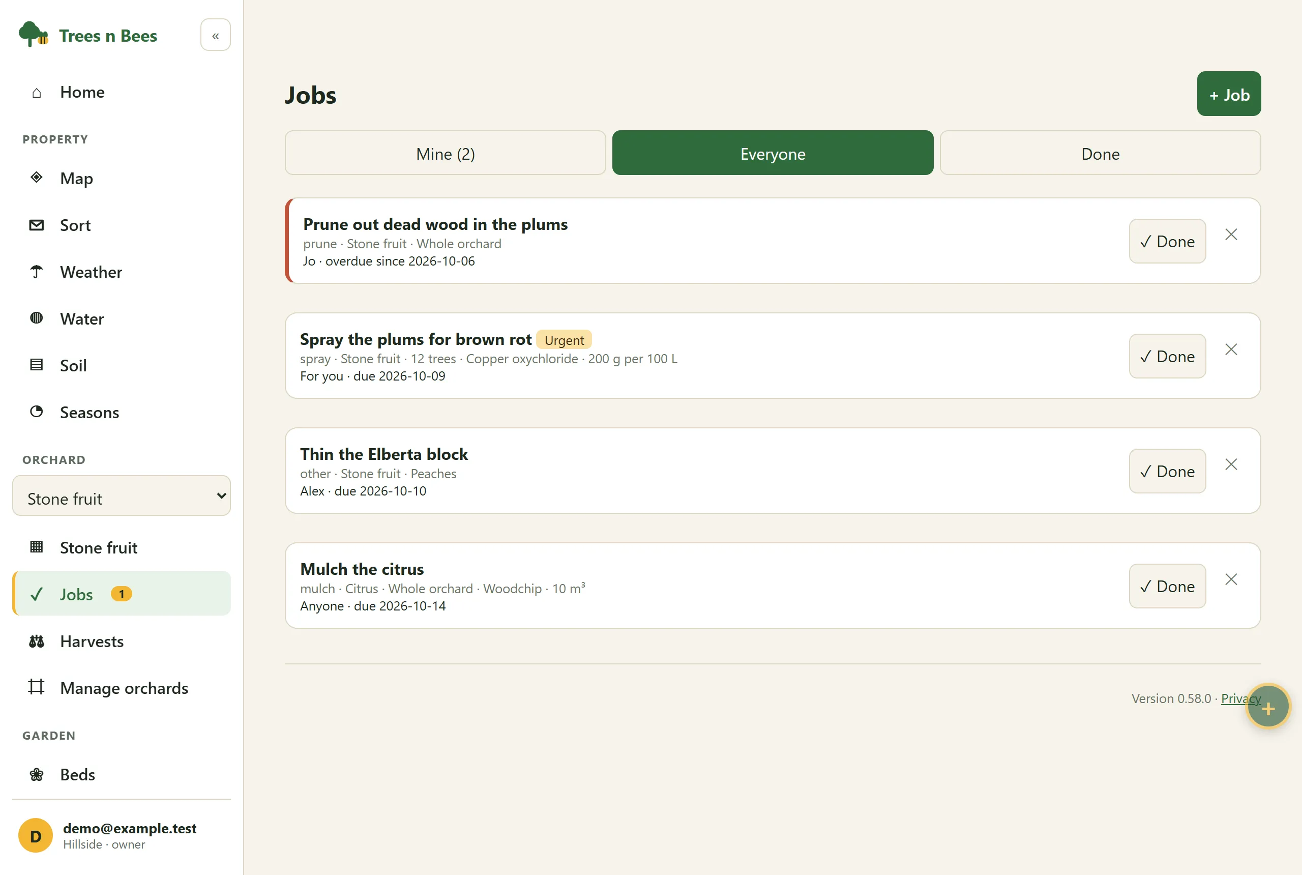 Jobs page showing four open jobs for the team: an overdue pruning job for Jo, an urgent spray job for the plums, thinning the Elberta block for Alex, and mulching the citrus for anyone