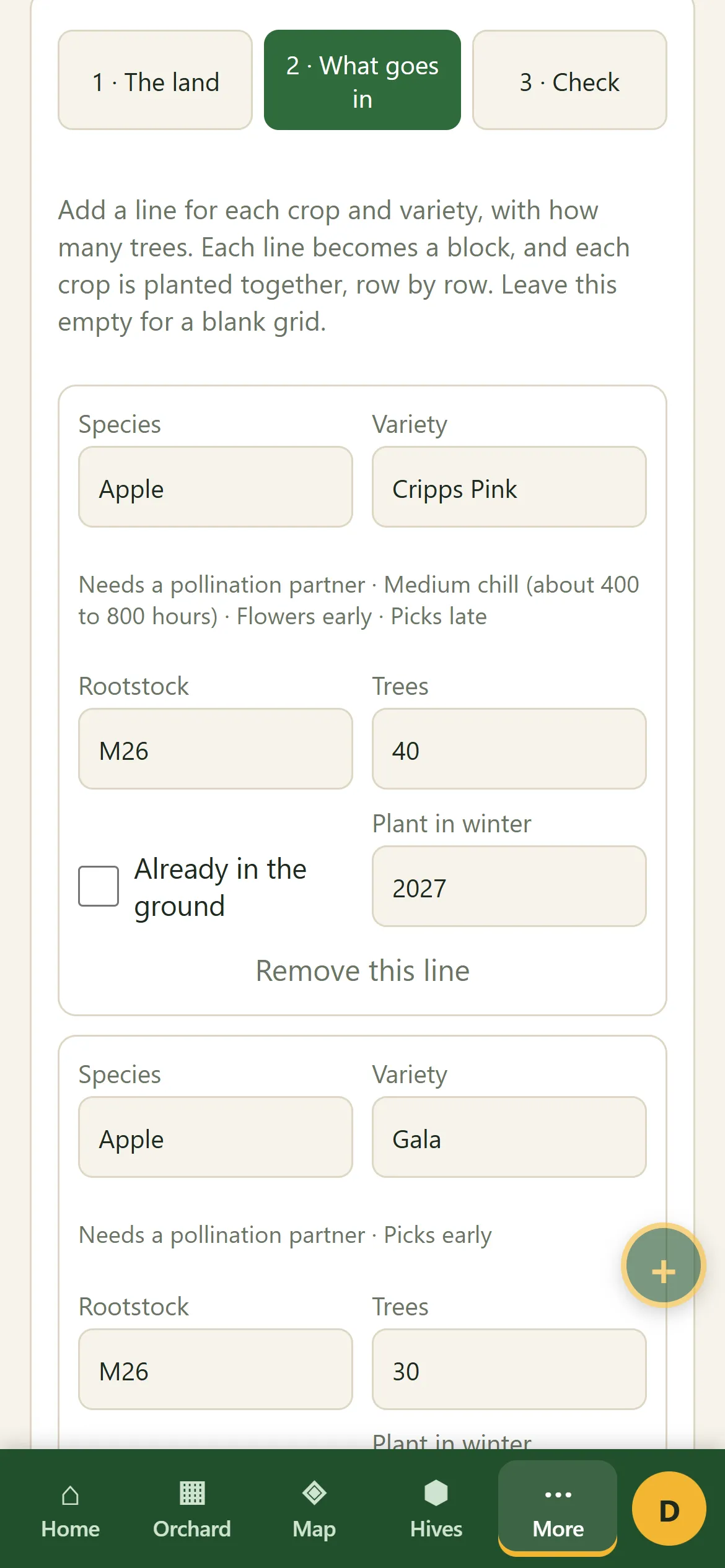 Planning an orchard on a phone: lines for Cripps Pink and Gala apples on M26 rootstock, each with a note that it needs a pollination partner, its chill and when it flowers and is picked